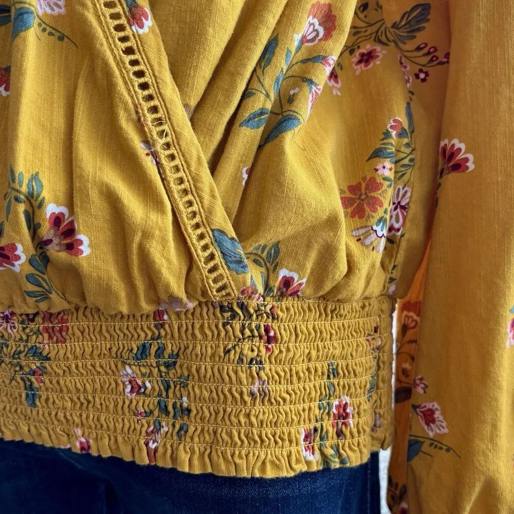 St Johns Bay Womens L Mustard Floral Blouse Surplice Smocked Hem Long Sleeve